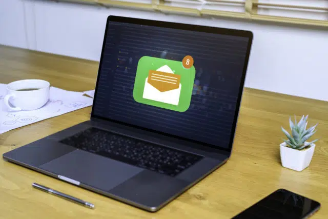 Email marketing and newsletter concept, woman sending message wi
