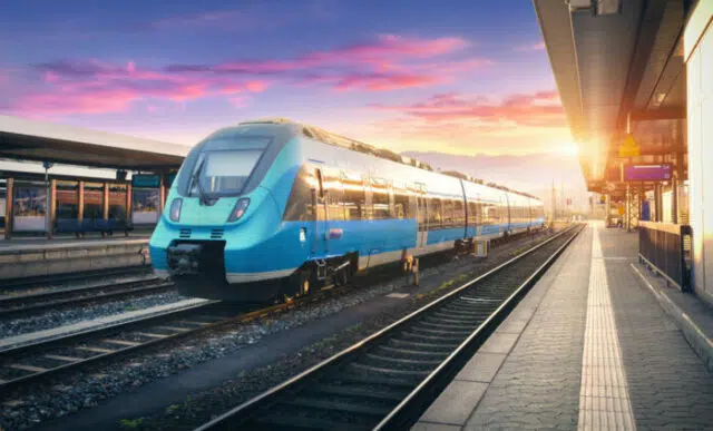 Modern high speed commuter train on the railway station