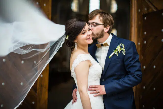 Portrait of a young wedding couple on their wedding day