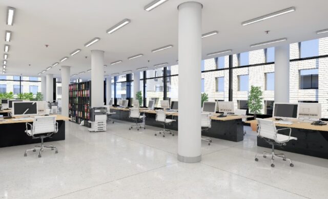 3d render - open plan office - office building - modern architecture.