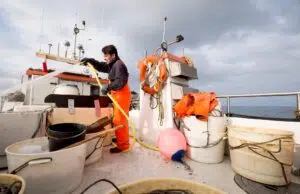 Fisherman hosing down fishing boat