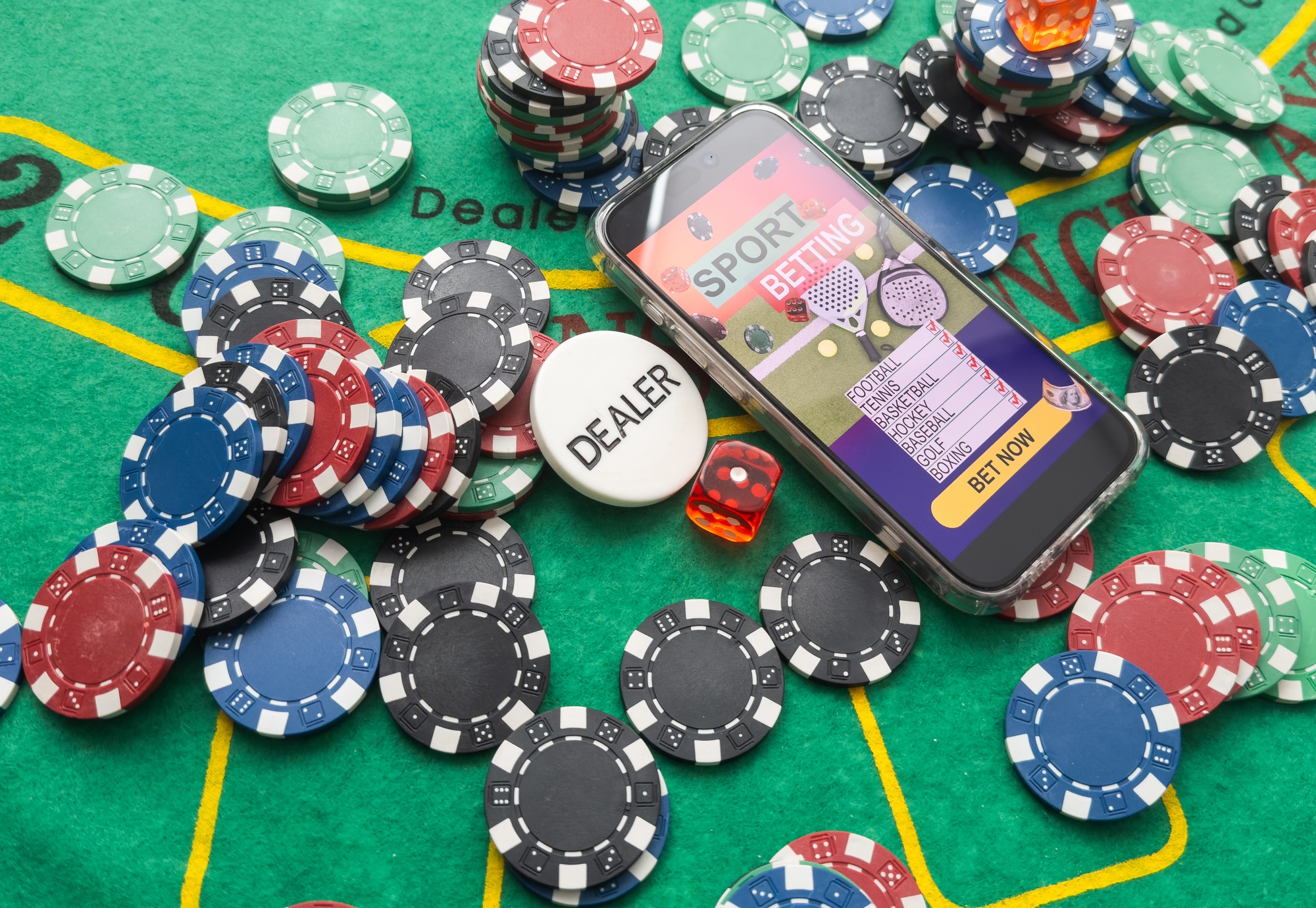 Gambling online casino Internet betting concept green screen. smartphone with poker chips, dice