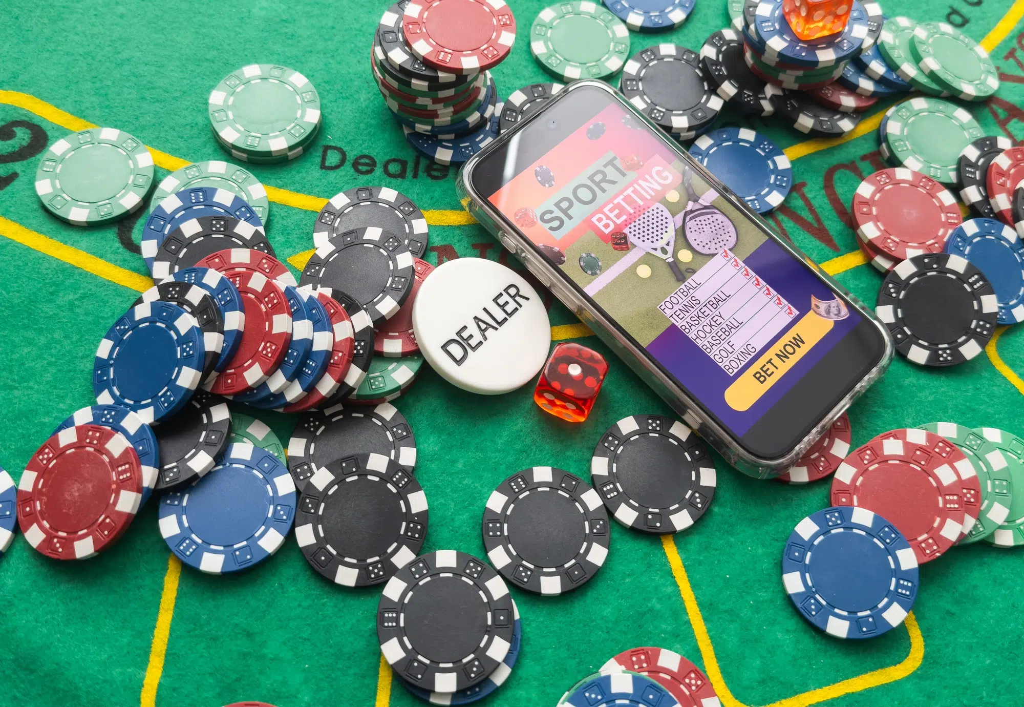 Gambling online casino Internet betting concept green screen. smartphone with poker chips, dice
