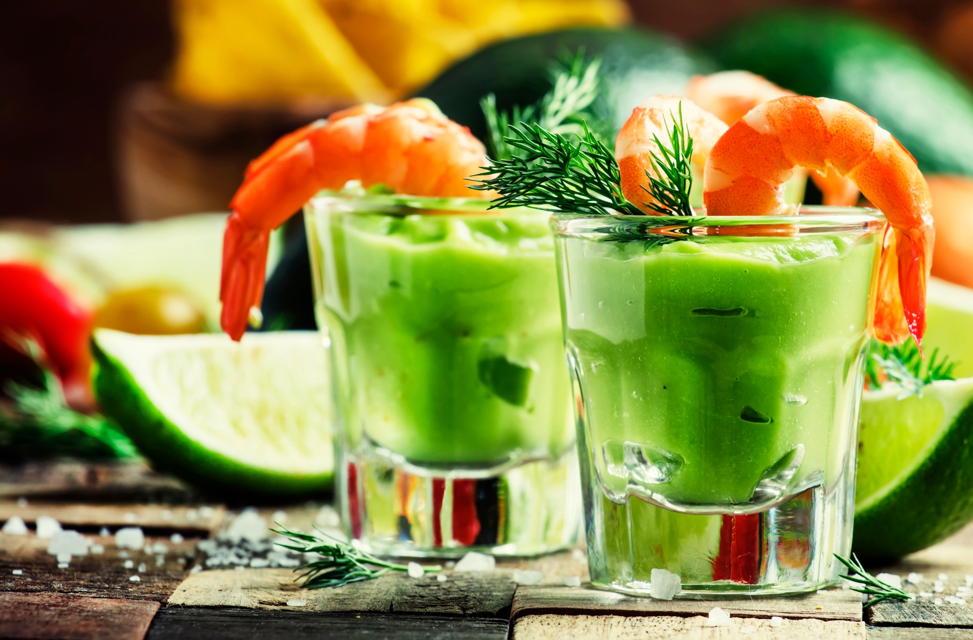 Shrimp cocktail with avocado sauce and lime