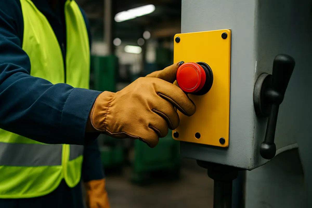 Main gantée appuyant sur un bouton d’arrêt d'urgence