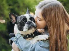 12 year old girl kissing and hugging french bulldog in park.