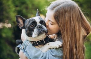 Dogue français et enfants : une relation pleine d’amour et de complicité 12 year old girl kissing and hugging french bulldog in park.