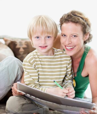 mother and son are painting