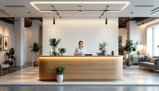 découvrez comment créer une ambiance chaleureuse et accueillante grâce à une banque d'accueil pour stand bien conçue, idéale pour attirer et fidéliser vos visiteurs.