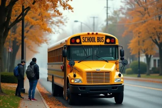 Bus scolaire 235 à l'arrêt avec des élèves attendant sur le trottoir en automne