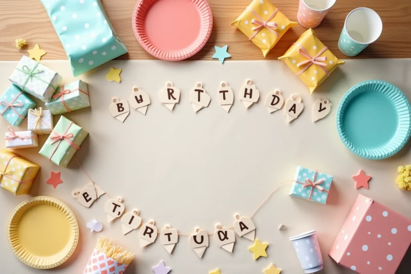 Vue de dessus d'une table d'anniversaire enfant décorée avec assiettes colorées, cadeaux emballés et confettis sur fond bois clair