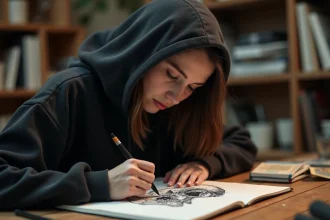 Jeune femme dessinant un crâne effrayant au stylo bille dans un atelier artistique