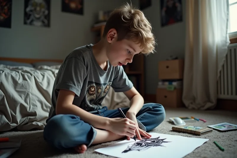 Adolescent dessinant un monstre effrayant au stylo fin sur le sol de sa chambre