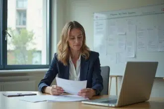 Professionnelle en établissement médico-social à Strasbourg consultant des documents d'évaluation lors d'une réunion sereine