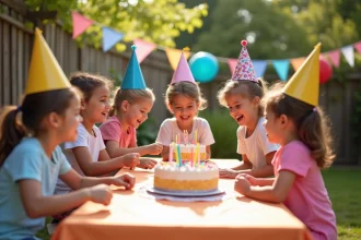 Groupe d'enfants joyeux autour d'un gâteau d'anniversaire coloré lors d'une fête en plein air dans un jardin décoré de ballons