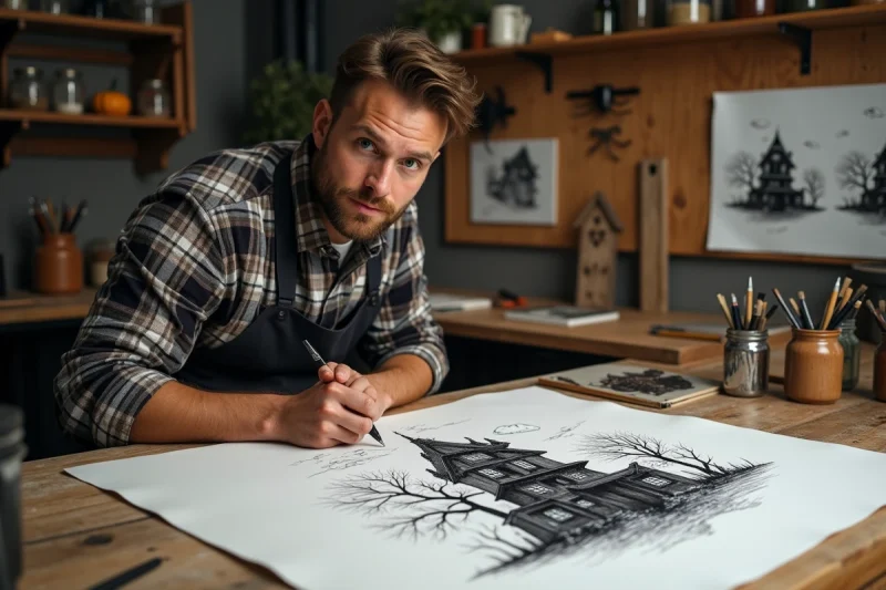 Illustrateur adulte dessinant une maison hantée détaillée au stylo encre dans un atelier professionnel