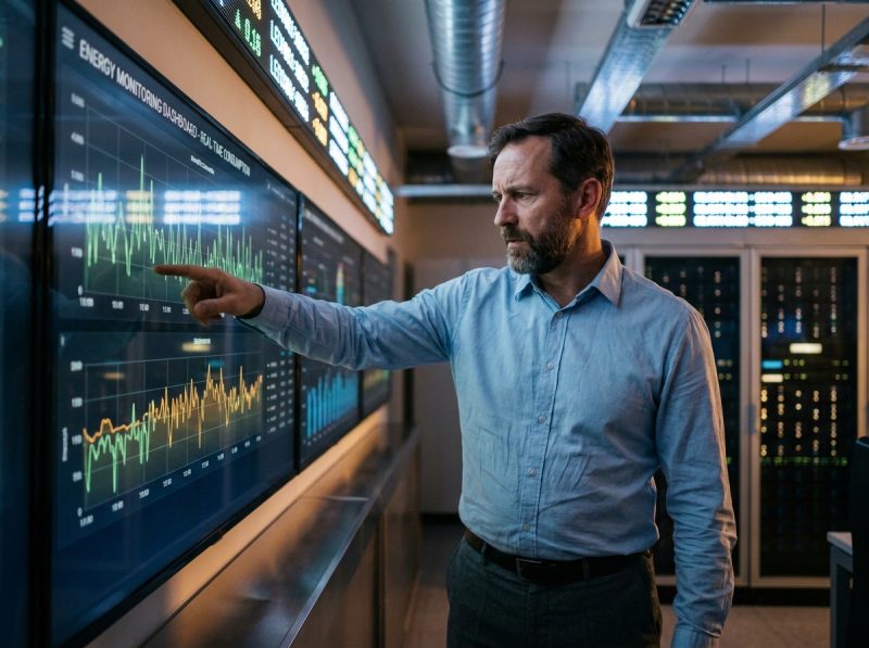Ingénieur analysant un tableau de bord de gestion énergétique dans une salle de contrôle industrielle moderne