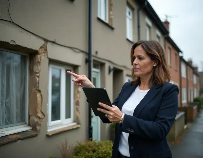 Femme expert en rénovation énergétique inspectant la façade d'une maison ancienne avec une tablette numérique