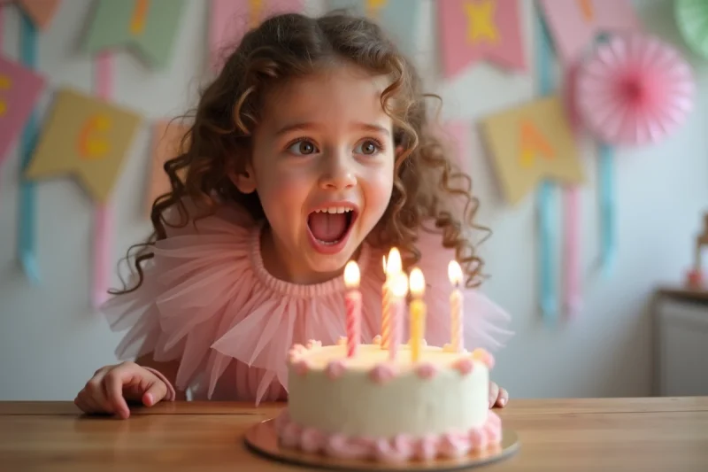 Petite fille soufflant les bougies de son gâteau d'anniversaire avec une expression de joie dans une salle de fête décorée