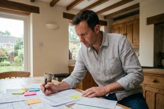 Homme étudiant des documents de planification de travaux de rénovation énergétique sur une table en bois dans une cuisine
