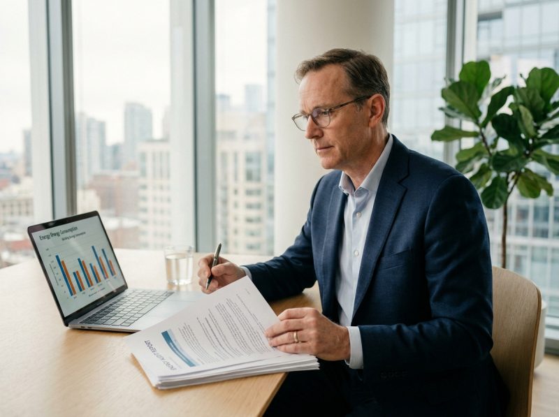 Responsable d'entreprise analysant un rapport d'audit énergétique dans un bureau moderne pour améliorer la performance énergétique