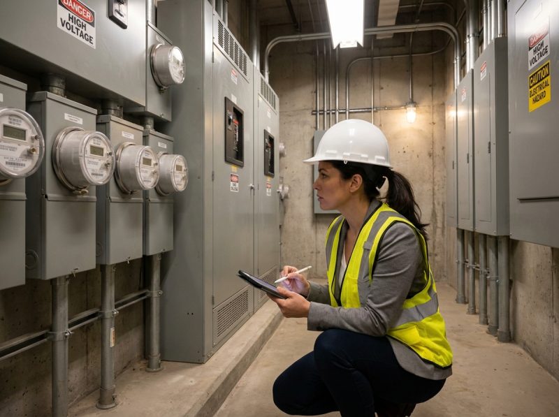 Technicienne inspectant des compteurs électriques intelligents dans une salle technique pour optimiser la performance énergétique