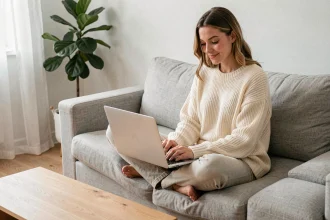 Femme achetant le magazine Garan Cedore en ligne depuis son canapé avec un ordinateur portable
