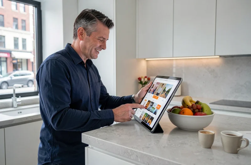 Homme consultant le site d'achat du magazine Garan Cedore sur une tablette dans une cuisine moderne