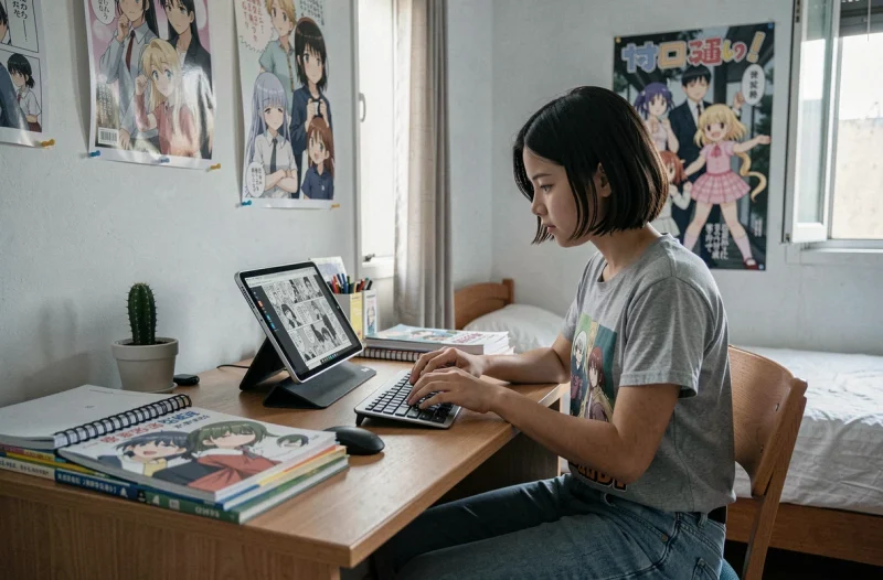 Adolescente lisant Black Clover scan sur tablette dans sa chambre avec connexion wifi faible, astuces manga en ligne