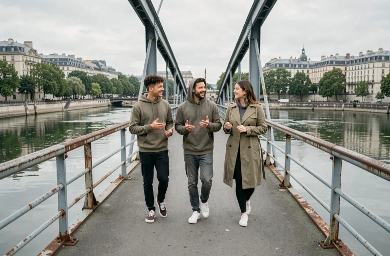 Groupe d'amis traversant une passerelle piétonne vers le quartier Confluence à Lyon un dimanche