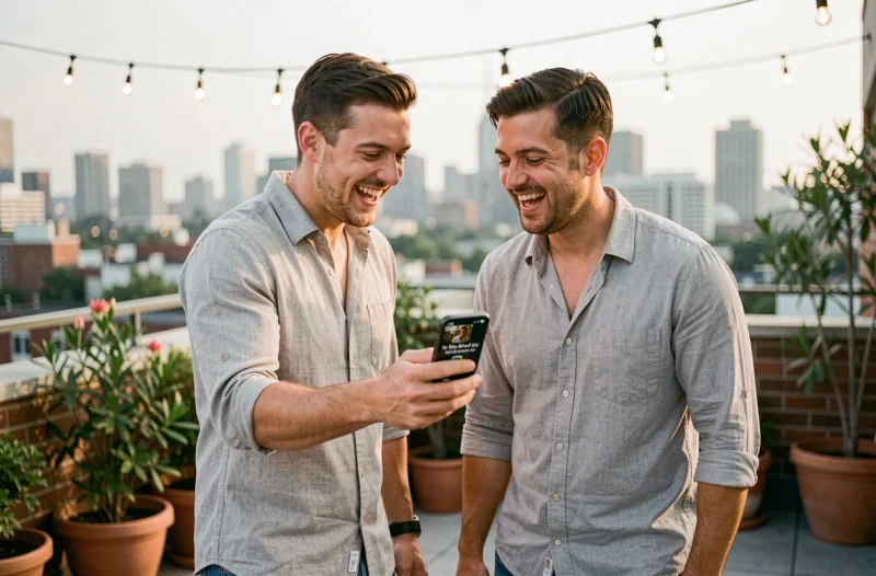 Deux amis sur une terrasse urbaine riant ensemble devant un message d'anniversaire drôle sur smartphone