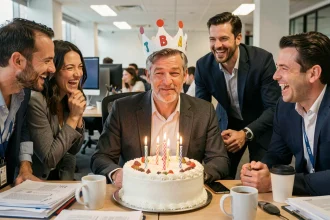 Collègues d'bureau riant autour d'un homme d'anniversaire portant une couronne en papier et soufflant des bougies sur un gâteau XXL