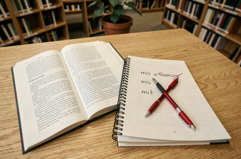 Cahier scolaire ouvert montrant une correction orthographique entre mis et mit posé sur une grammaire française dans une bibliothèque universitaire