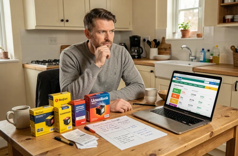 Homme comparant les prix de cartouches d'encre entre le Luxembourg et la Belgique à la maison