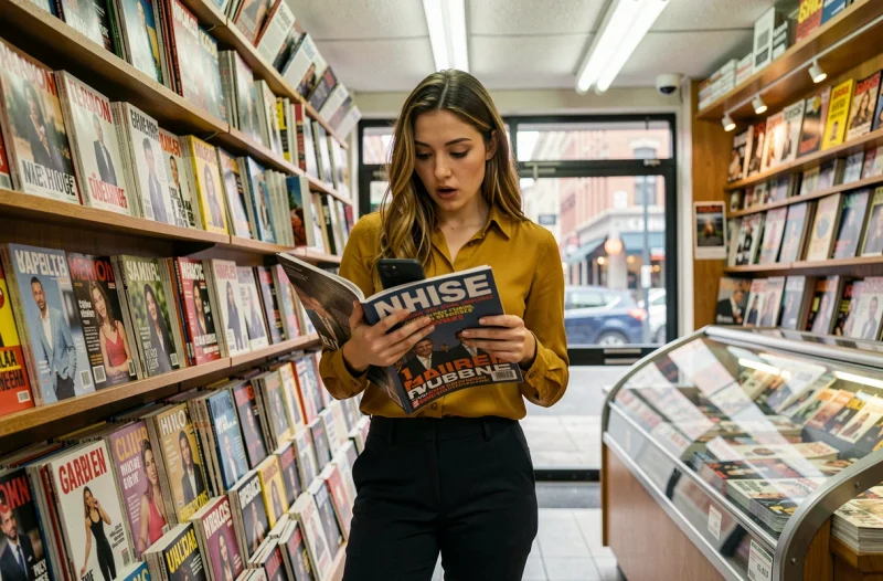 Jeune femme en kiosque comparant un magazine papier avec une offre d'achat en ligne sur son téléphone
