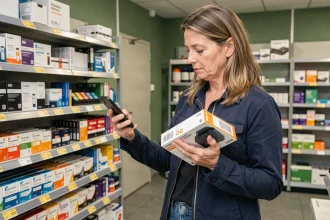 Femme comparant le prix d'une cartouche d'encre dans un magasin au Luxembourg avec son smartphone