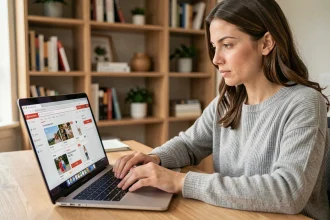 Femme comparant les prix de sites e-commerce sur un ordinateur portable dans un bureau à domicile moderne