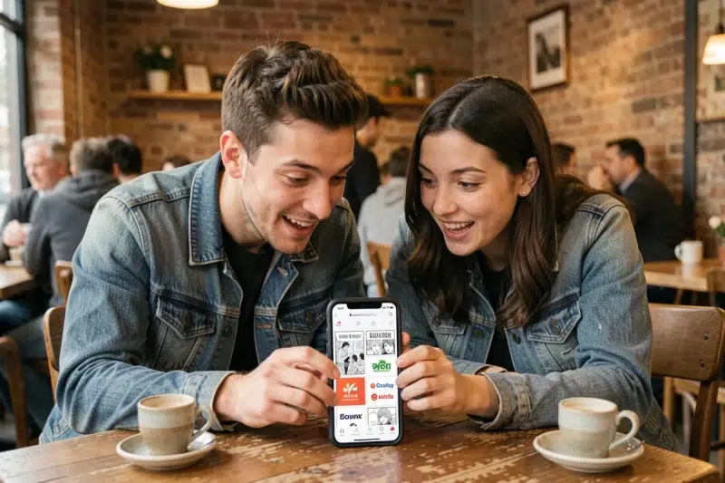 Deux amis comparant des sites de scan manga en français sur un smartphone dans un café au décor rustique