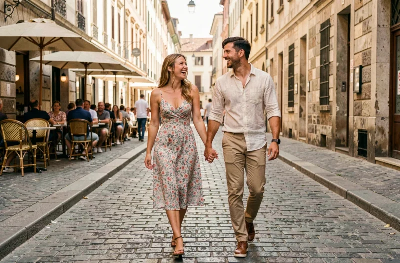 Couple de jeunes adultes se promenant main dans la main en ville, évoquant une relation partagée sur les réseaux sociaux