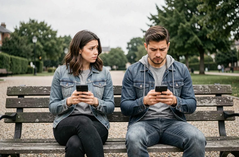 Couple assis sur un banc de parc regardant leurs téléphones séparément, malaise émotionnel et communication silencieuse
