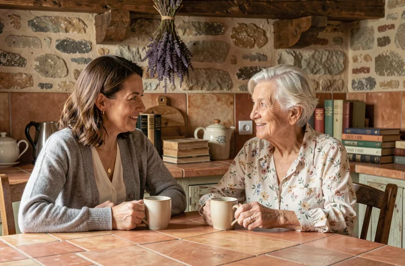 Deux femmes de générations différentes partageant un moment de complicité autour d'un thé dans une cuisine rustique, évoquant la sagesse et la beauté des proverbes féminins