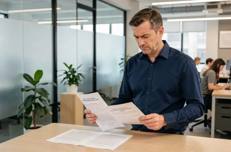 Homme consultant des documents bilingues dans un bureau moderne pour améliorer ses compétences linguistiques en 2026