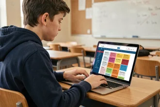 Élève adolescent concentré sur un ordinateur portable affichant une encyclopédie collaborative en ligne lors d'un exercice PIX en classe