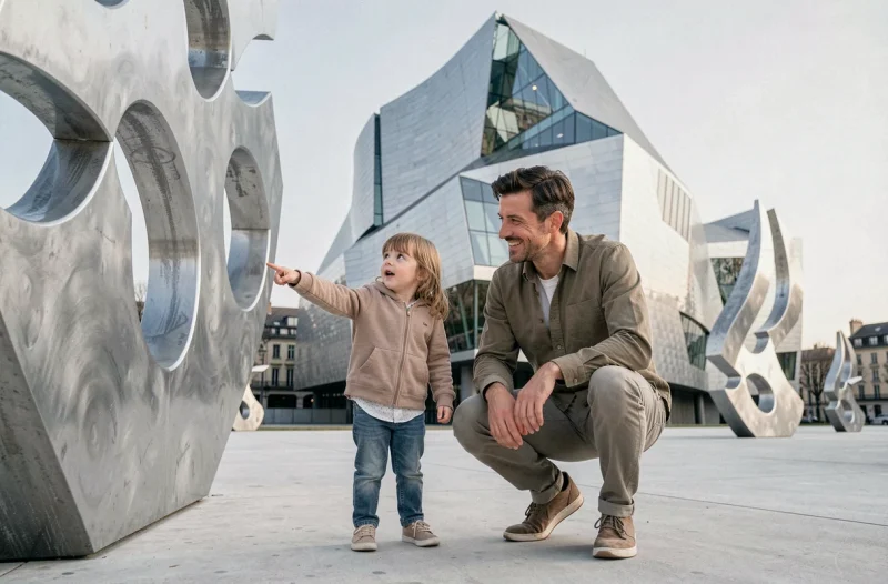 Père et enfant découvrant les sculptures extérieures devant le Musée des Confluences à Lyon