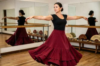 Femme de 45 ans apprenant la danse flamenco dans un studio de danse traditionnel espagnol avec parquet et miroirs