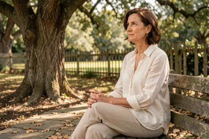 Femme mature sereine assise sur un banc en bois dans un parc automnal, illustrant la beauté intérieure et la sagesse féminine