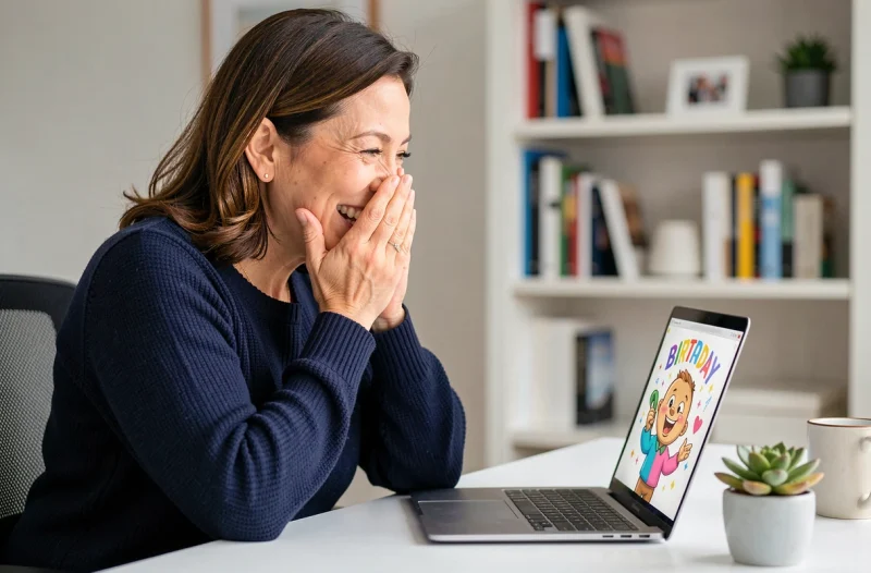 Femme souriante devant son ordinateur portable découvrant une carte virtuelle drôle de joyeux anniversaire