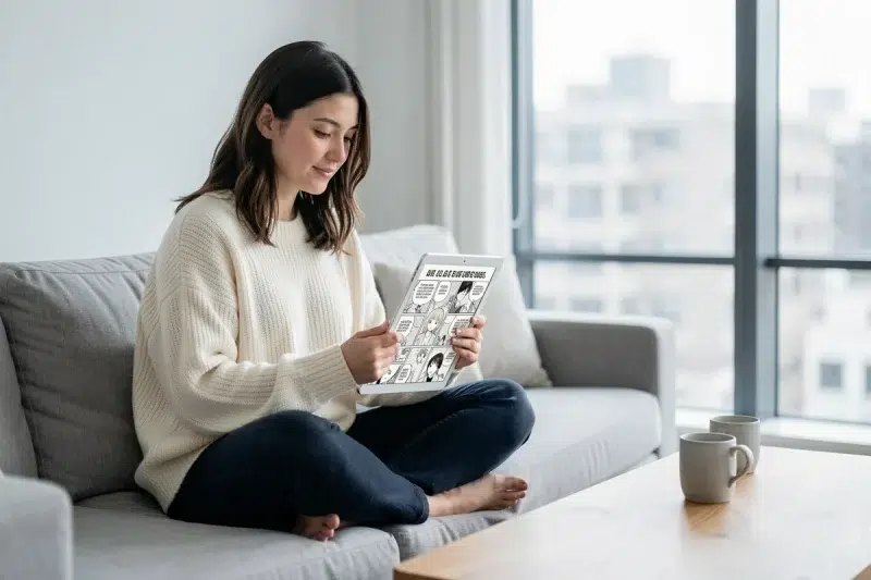 Jeune femme lisant un scan manga en français sur une tablette dans un salon moderne et lumineux