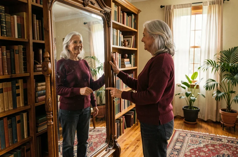 Femme élégante aux cheveux argentés contemplant son reflet dans un miroir ancien, symbolisant l'acceptation de soi et la beauté intérieure