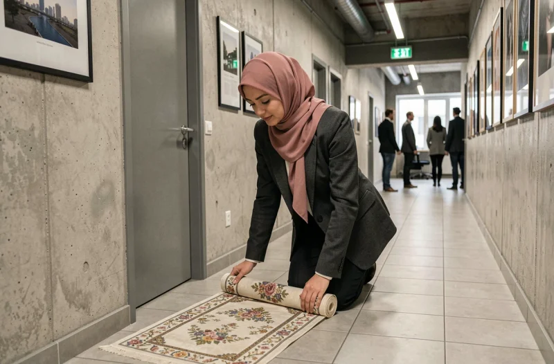 Femme voilée préparant son tapis de prière dans un couloir discret de son lieu de travail à Argenteuil